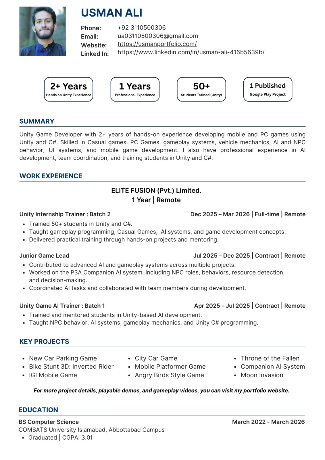 Usman Ali Unity Game Developer Resume